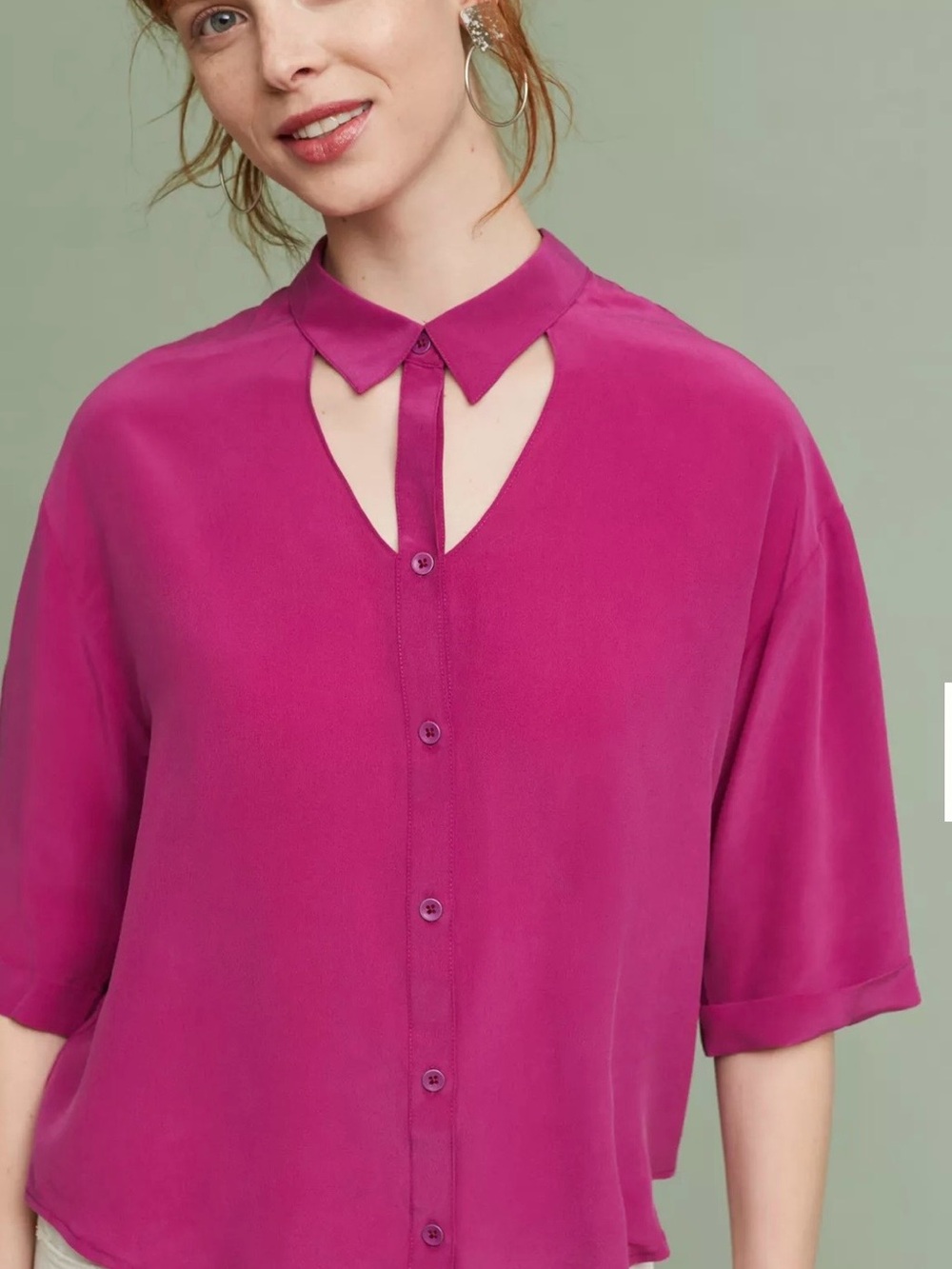Anthropologie Maeve Mairead 100% Silk Fuchsia Keyhole Button-Down Blouse Sz XS